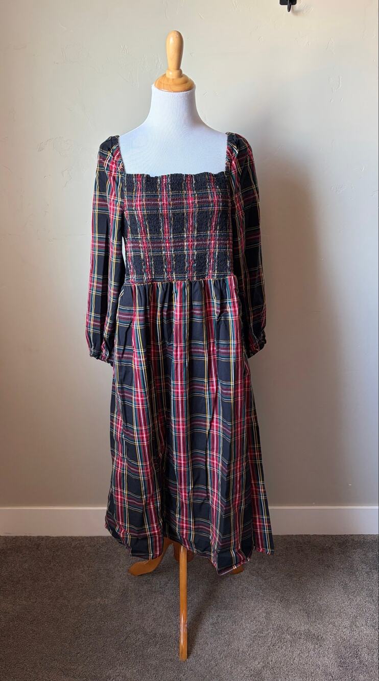 J.Crew Plaid Cotton Blend Smocked Long Sleeved Midi Dress Sz XXL Cottagecore